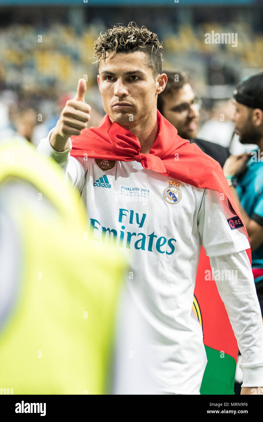 Kiev. 26th May, 2018. Cristiano Ronaldo of Real Madrid gestures after the  UEFA Champions League final match between Liverpool and Real Madrid in Kiev,  Ukraine on May 26, 2018. Real Madrid claimed