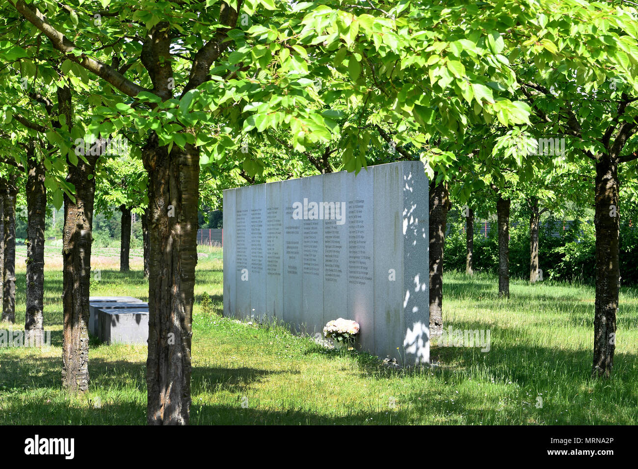 24 May 2018, Germany, Eschede: The names of those who died are inscribed on the memorial for the 1998 Eschede ICE derailment. On 3 June 1998, the ICE 884 'Wilhelm Conrad Roentgen' derailed on the Hannover-Hamburg route near the village of Eschede. 101 people died. Photo: Holger Hollemann/dpa Stock Photo