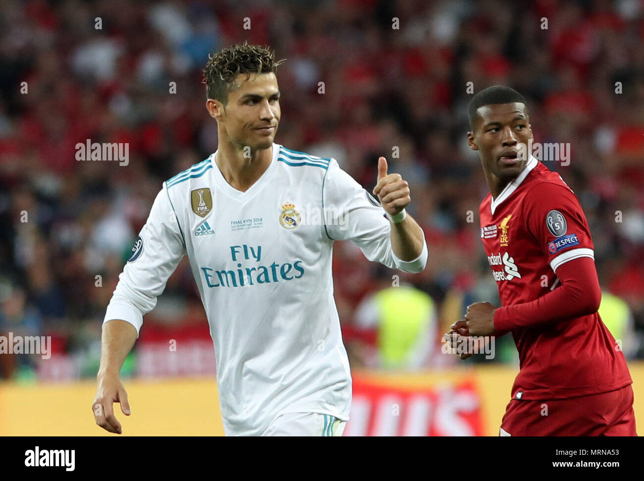 Kiev, Ukraine. 22nd Mar, 2018. CRISTIANO RONALDO of Real Madrid gestures during the UEFA Champions League final soccer match Real Madrid vs Liverpool FC, at the NSC Olimpiyskiy stadium in Kiev on 26 May 2018. Credit: Serg Glovny/ZUMA Wire/Alamy Live News Stock Photo