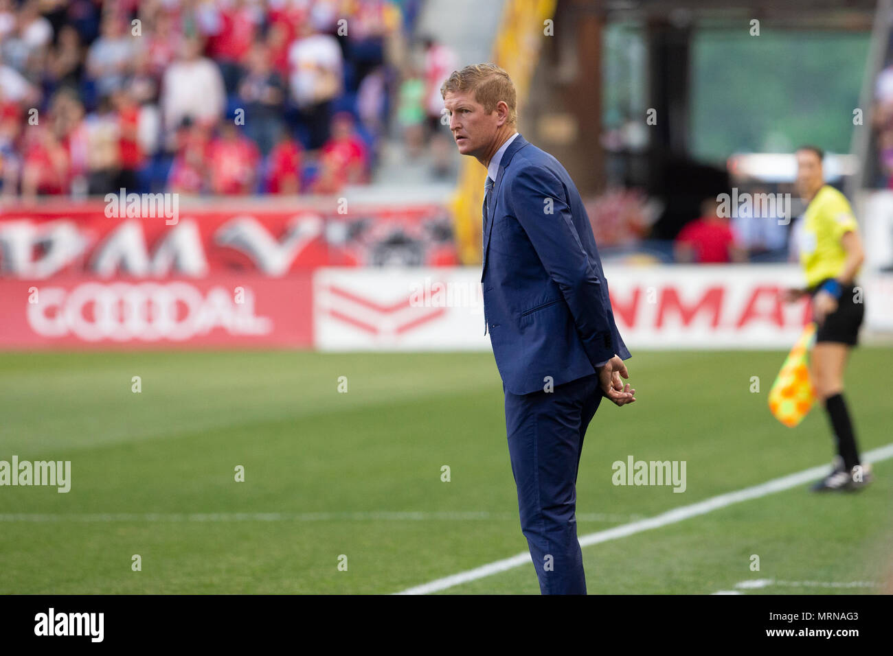 Harrison, NJ - May 26, 2018: Philadelphia Union coach Jim Curtin watches game from pitch side during regular MLS game against New York Red Bulls at Red Bull Arena Game ended in draw 0 - 0 Credit: lev radin/Alamy Live News Stock Photo