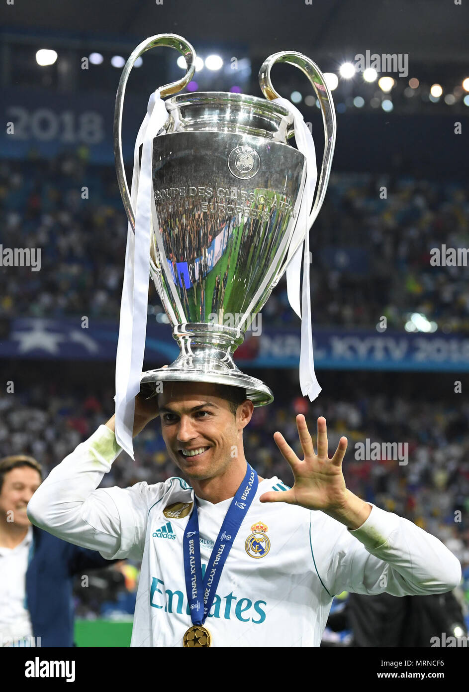 26 May 2018, Ukraine, Kiev: Soccer, Champions League final, Real Madrid vs FC Liverpool at the Olimpiyskiy National Sports Complex. Real's Cristiano Ronaldo holds the Champions League Cup. Photo: Ina Fassbender/dpa Credit: dpa picture alliance/Alamy Live News Stock Photo
