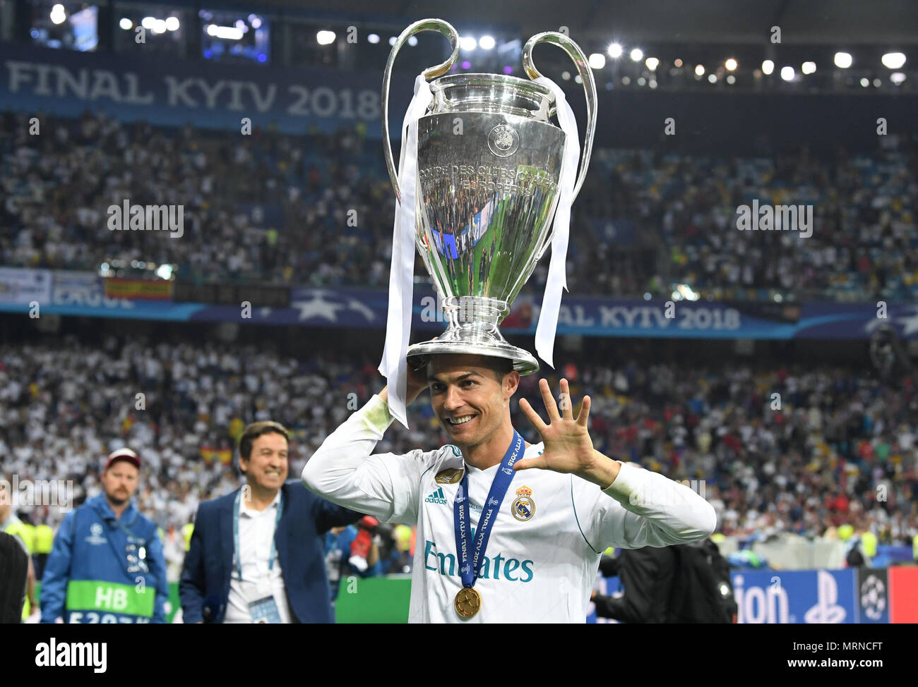 26 May 2018, Ukraine, Kiev: Soccer, Champions League final, Real Madrid vs FC Liverpool at the Olimpiyskiy National Sports Complex. Real's Cristiano Ronaldo holds the Champions League Cup. Photo: Ina Fassbender/dpa Credit: dpa picture alliance/Alamy Live News Stock Photo