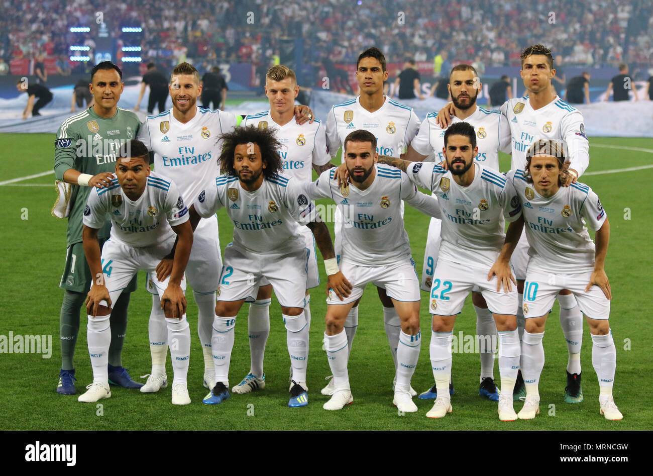 Kiev, Ukraine. 26th May, 2018. Real Madrid players pose for a group photo before the UEFA Champions League Final 2018 game against Liverpool at NSC Olimpiyskiy Stadium in Kyiv, Ukraine. Credit: Oleksandr Prykhodko/Alamy Live News Stock Photo