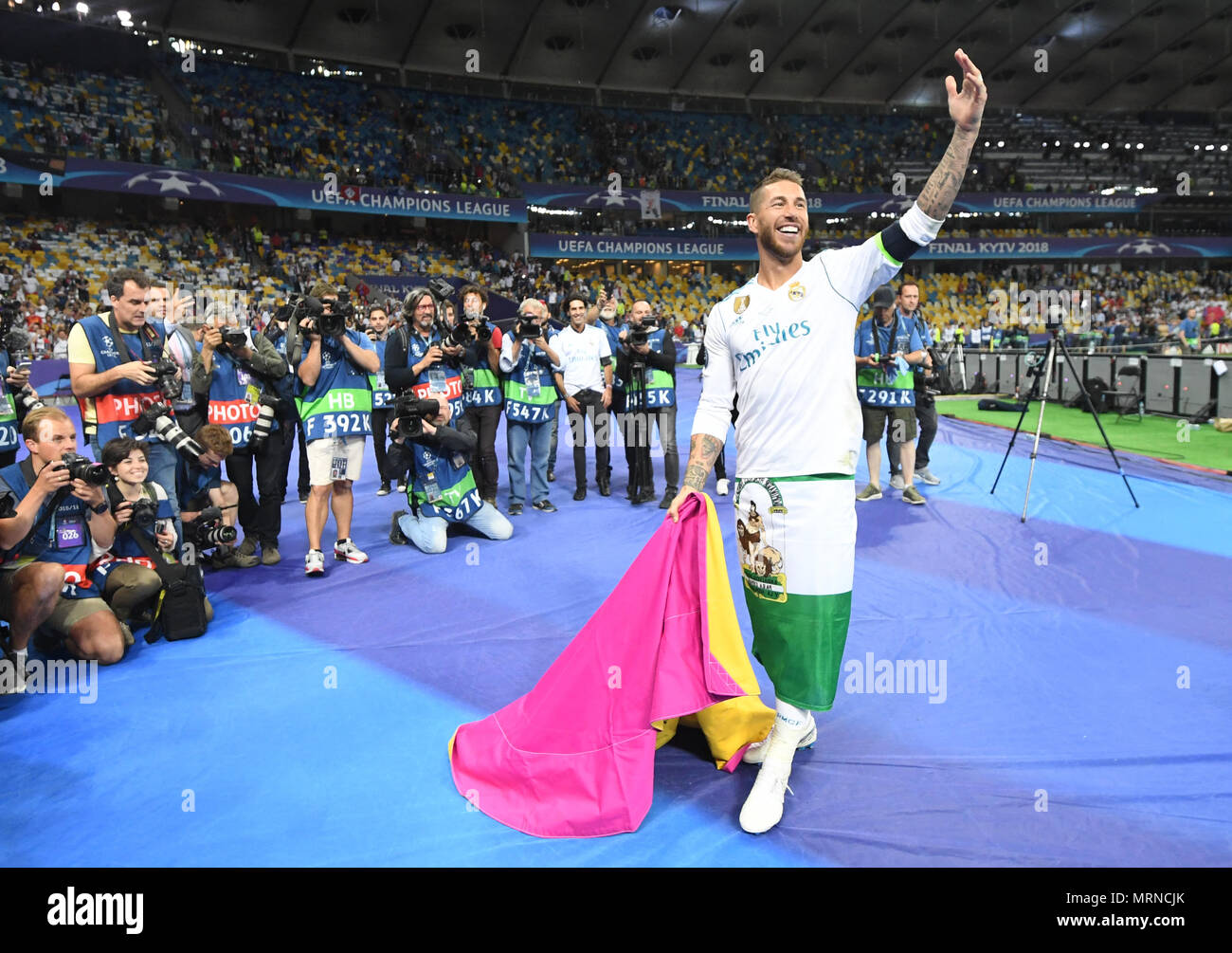 26 May 2018, Ukraine, Kiev: Soccer, Champions League final, Real Madrid vs FC Liverpool at the Olimpiyskiy National Sports Complex. Real's Sergio Ramos celebrates. Photo: Ina Fassbender/dpa Credit: dpa picture alliance/Alamy Live News Stock Photo