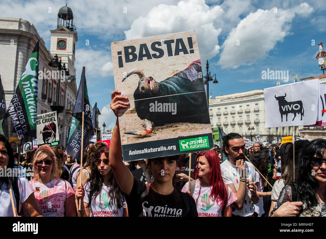 Madrid, Spain. 27th May, 2018. Anti-bullfighting protesters during a demonstration under the slogan 'Bullfighting is Violence' demanding to abolish bullfighting and animal suffering, in Madrid, Spain. Credit: Marcos del Mazo/Alamy Live News Stock Photo