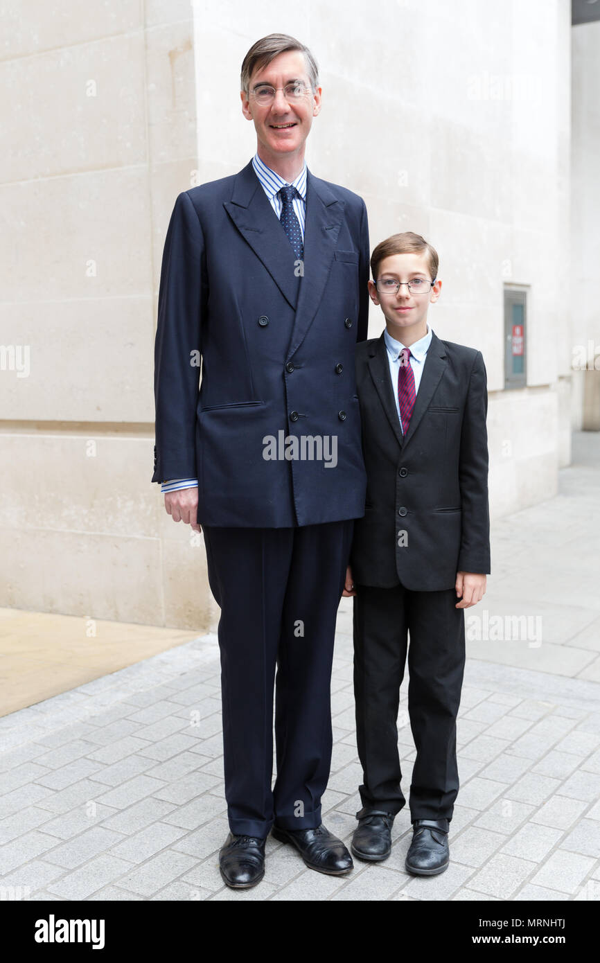 London, UK. 27th May 2018. Jacob Rees-Mogg MP outside the BBC studios after appearing on 'The Andrew Marr Show' with his eldest son, Peter Theodore Alphege, aged 9 years old. Credit: TPNews/Alamy Live News Stock Photo