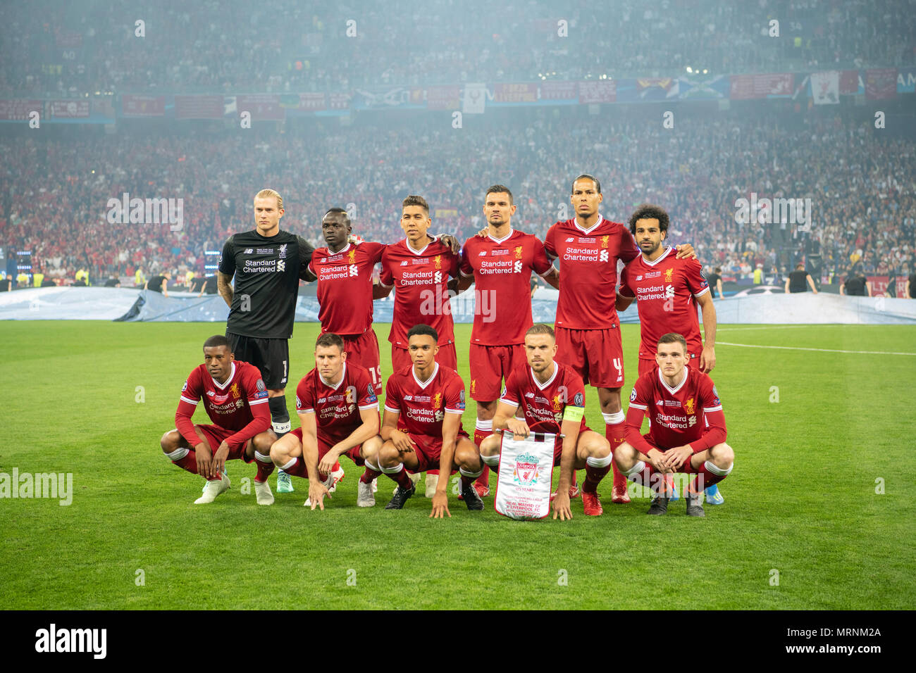 Loris Karius , Sadio Manee , Roberto Firmino Barbosa de Oliveira , Dejan Lovren , Virgil van Dijk , Mohamed Salah Ghaly , Georginio Wijnaldum , James Philip Milner , Trent Alexander-Arnold , Jordan Brian Henderson , Andrew Robertson , Team of Liverpool FC    during the UEFA Champions League Final match between Real Madrid CF 3-1  Liverpool FC at NSC Olimpiyskiy Stadium in Kiev, Ukraine, on May 26, 2018. (Photo by Maurizio Borsari/AFLO) Stock Photo