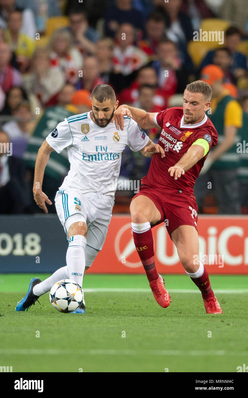 Karim Mostafa Benzema of Real Madrid and Andrew Robertson of Liverpool FC during the UEFA Champions League Final match between Real Madrid CF 3-1  Liverpool FC at NSC Olimpiyskiy Stadium in Kiev, Ukraine, on May 26, 2018. (Photo by Maurizio Borsari/AFLO) Stock Photo