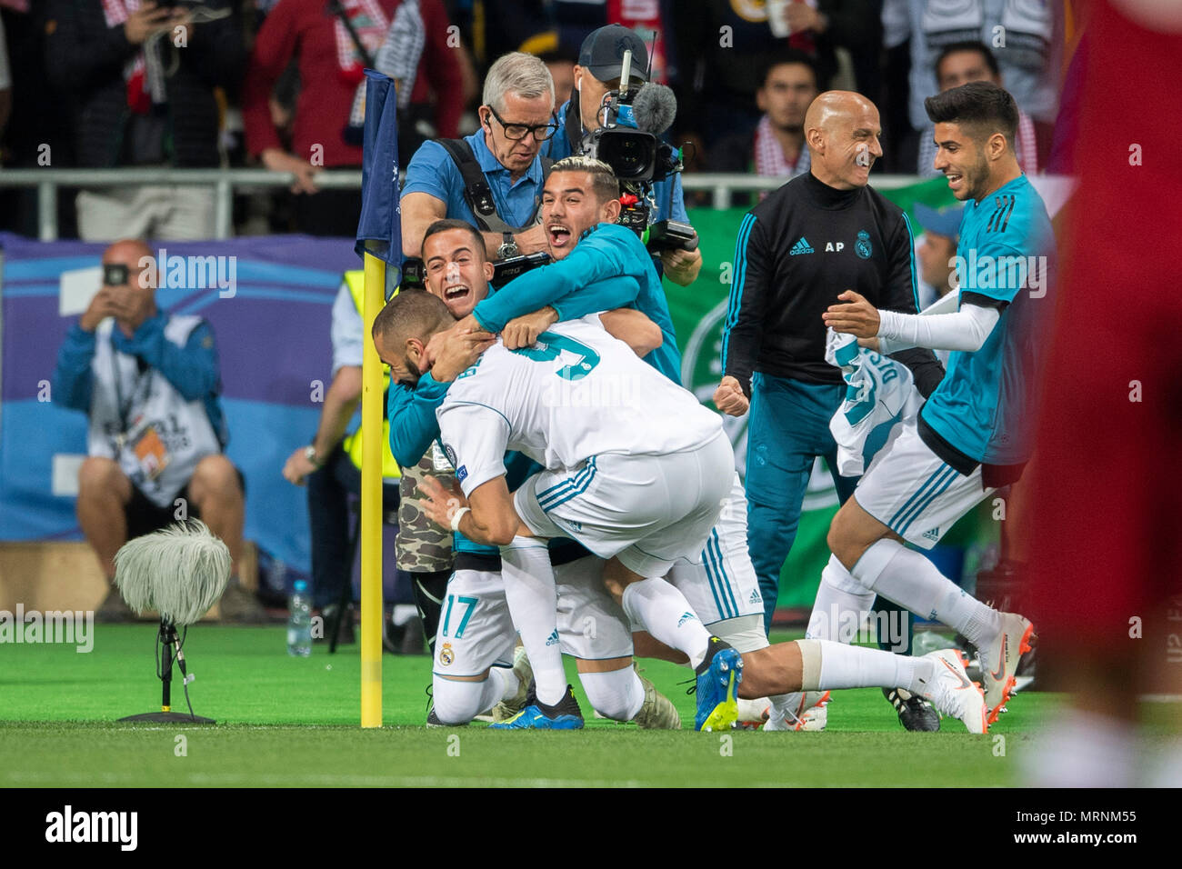 Karim Mostafa Benzema of Real Madrid celebrates after scoring his team's first goal    during the UEFA Champions League Final match between Real Madrid CF 3-1  Liverpool FC at NSC Olimpiyskiy Stadium in Kiev, Ukraine, on May 26, 2018. (Photo by Maurizio Borsari/AFLO) Stock Photo