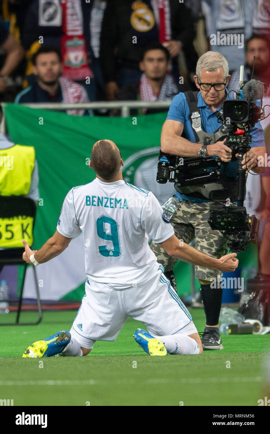 Karim Mostafa Benzema of Real Madrid celebrates after scoring his team's first goal    during the UEFA Champions League Final match between Real Madrid CF 3-1  Liverpool FC at NSC Olimpiyskiy Stadium in Kiev, Ukraine, on May 26, 2018. (Photo by Maurizio Borsari/AFLO) Stock Photo