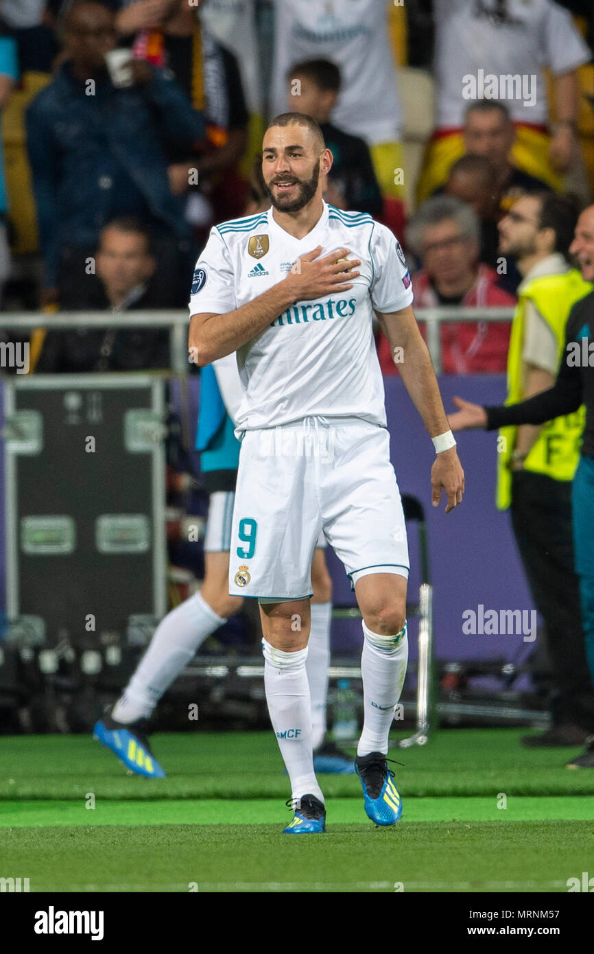 Karim Mostafa Benzema of Real Madrid celebrates after scoring his team's first goal    during the UEFA Champions League Final match between Real Madrid CF 3-1  Liverpool FC at NSC Olimpiyskiy Stadium in Kiev, Ukraine, on May 26, 2018. (Photo by Maurizio Borsari/AFLO) Stock Photo