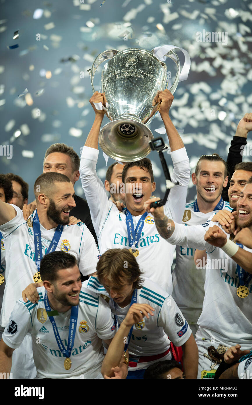 Raphael Varane of Real Madrid with Trophy during the UEFA Champions League  Final match between Real Madrid CF 3-1 Liverpool FC at NSC Olimpiyskiy  Stadium in Kiev, Ukraine, on May 26, 2018.