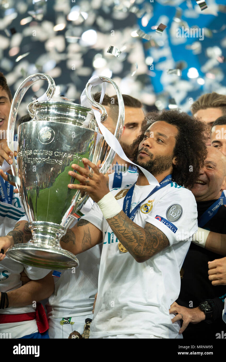 Marcelo Vieira da Silva Junior of Real Madrid with Trophy during the UEFA  Champions League Final match between Real Madrid CF 3-1 Liverpool FC at NSC  Olimpiyskiy Stadium in Kiev, Ukraine, on