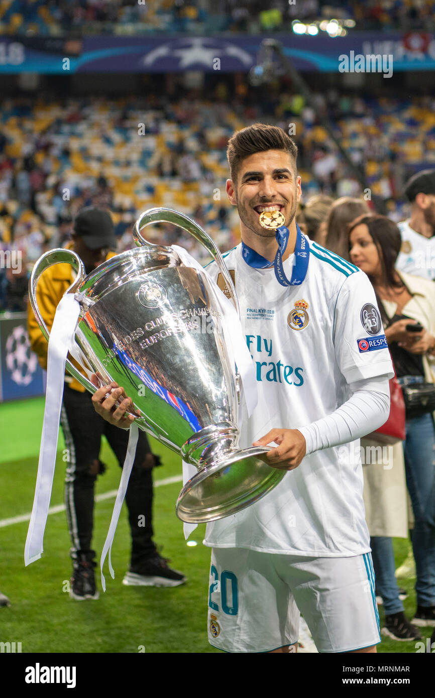 Marco Asensio Willemsen of Real Madrid with Trophy during the UEFA  Champions League Final match between Real Madrid CF 3-1 Liverpool FC at NSC  Olimpiyskiy Stadium in Kiev, Ukraine, on May 26,