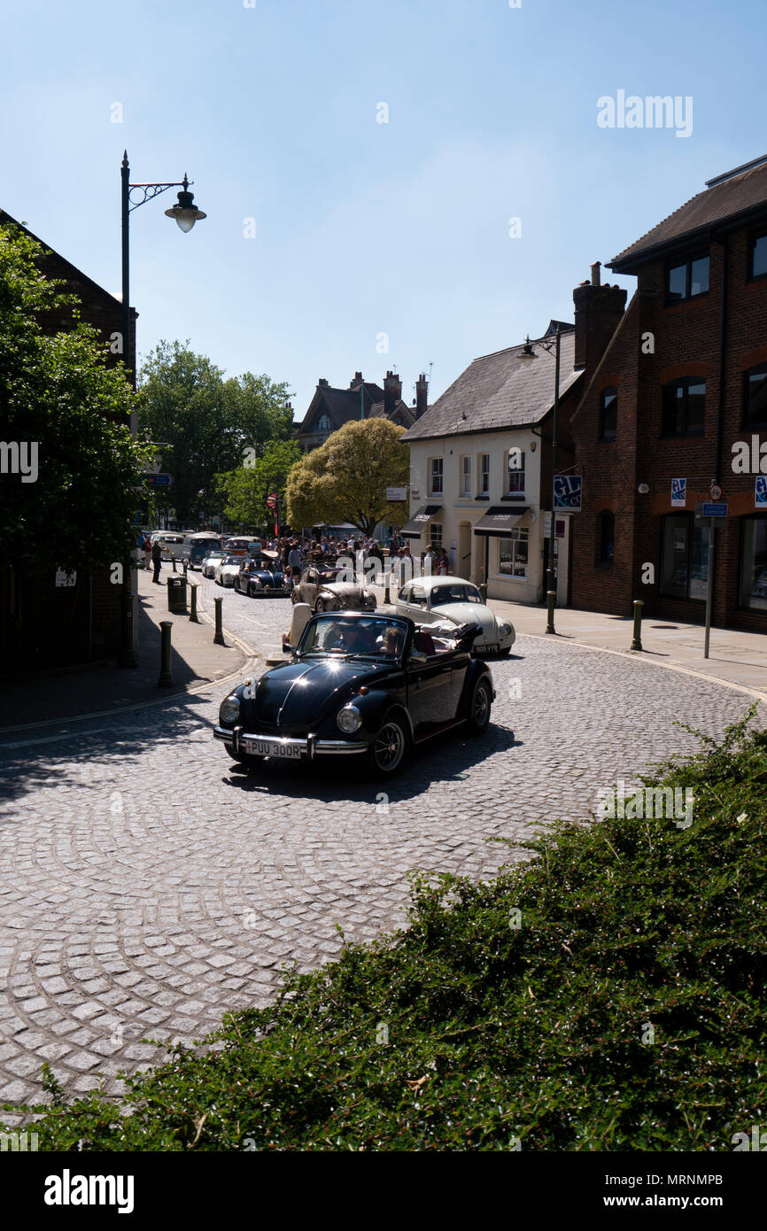 Horsham Town Centre hosting vintage VW Beetles, Camper Vans and associated vehicles - Horsham, West Sussex, UK. Stock Photo