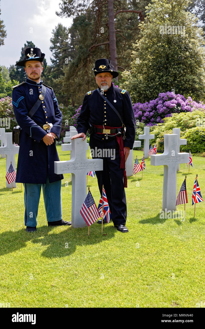 Brookwood American Military Cemetery, Surrey, UKBrookwood American Military Cemetery, Surrey, UK. Sun 27th May 2018 Brookwood American Cemetery, Surrey UK. Re-enactors of the Fighting 4th US Infantry attend the Ceremony. Credit: wyrdlight/Alamy Live News Stock Photo
