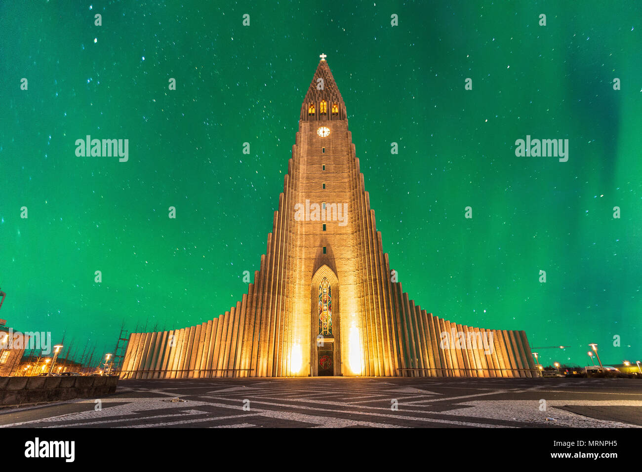aurora borealis above hallgrimskirkja church in central of reykjavik city  in Iceland Stock Photo - Alamy