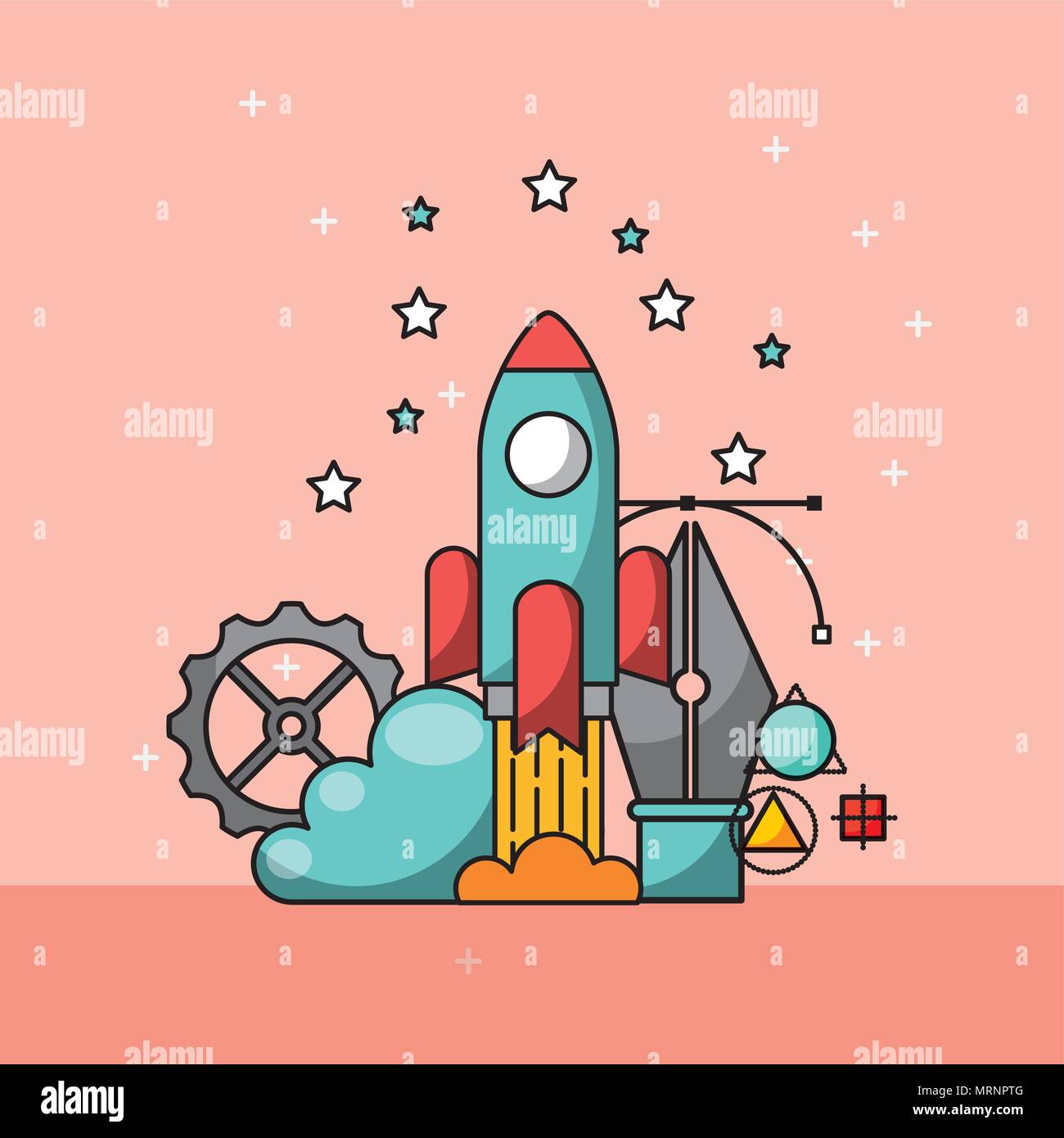 graphic design rocket startup gear creative process vector illustration ...