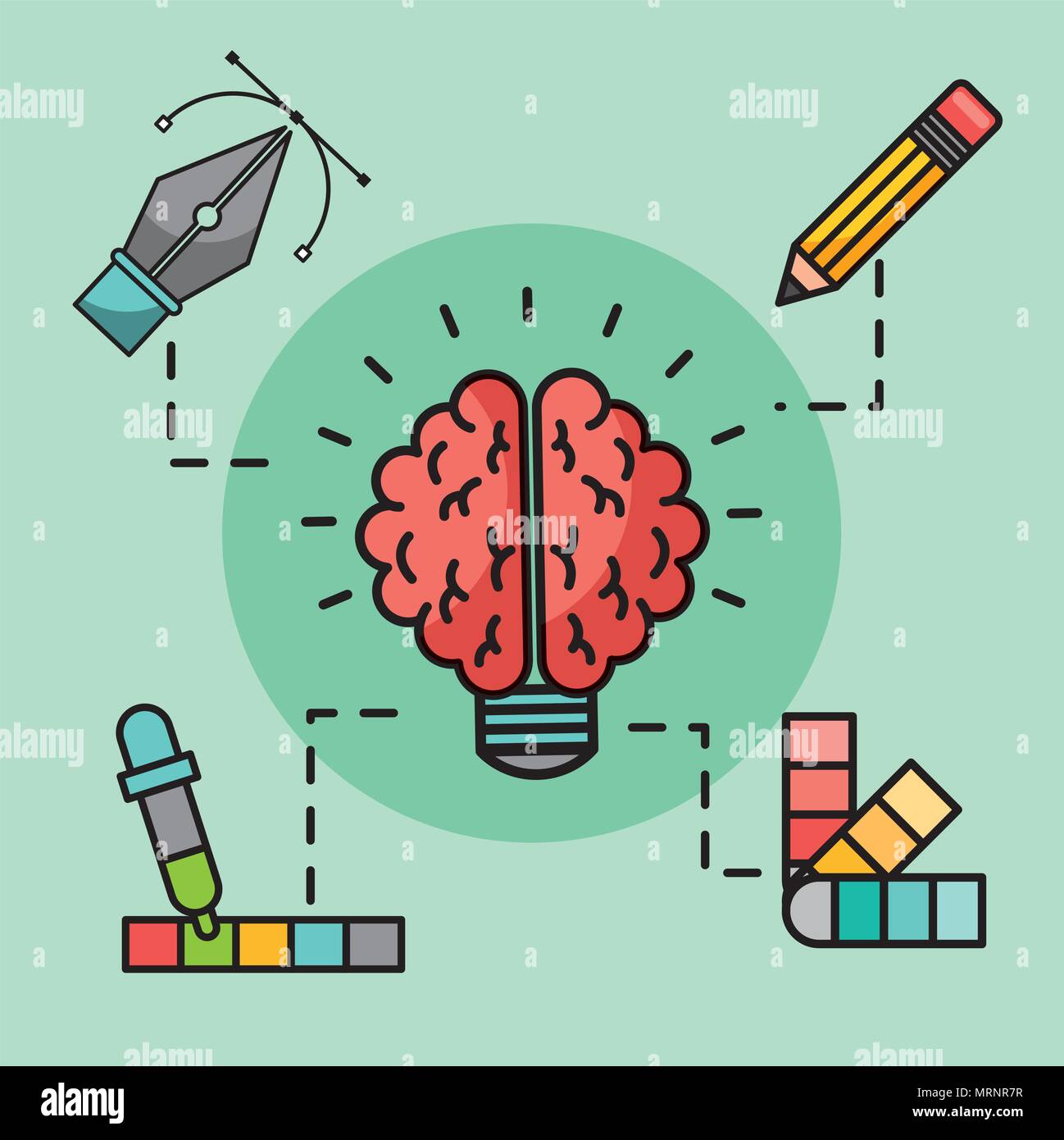 brain bulb idea pencil color palette creative process vector ...
