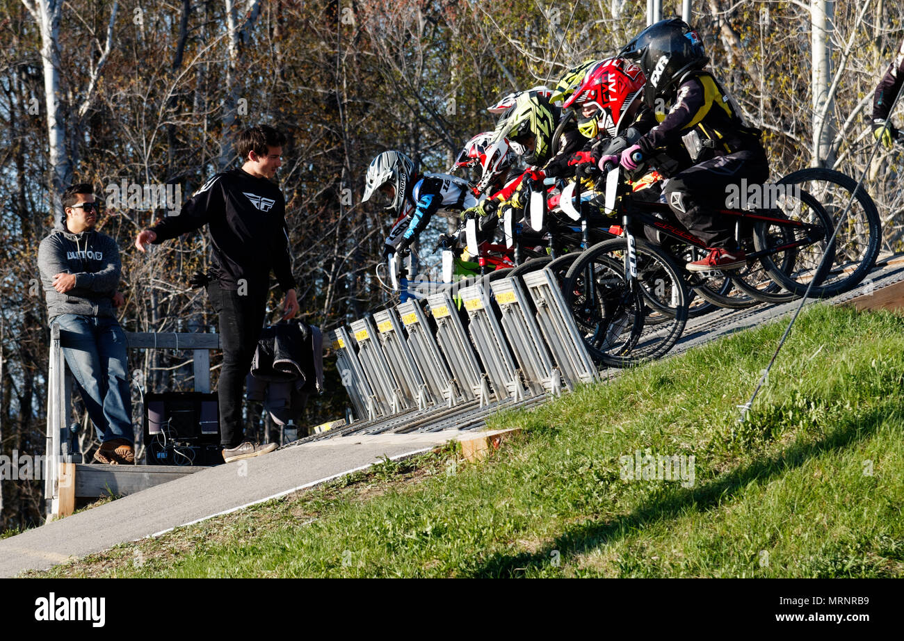 A Bmx Coach Talking To His Group Of Young Riders On The Start Gate At The Bmx Club Qsa At St Augustin Near Quebec City Canada Stock Photo Alamy