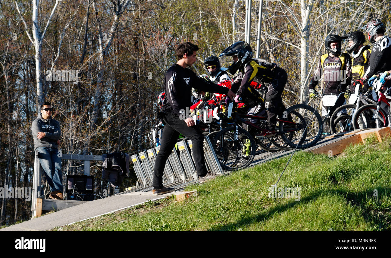 A Bmx Coach Talking To His Group Of Young Riders On The Start Gate At The Bmx Club Qsa At St Augustin Near Quebec City Canada Stock Photo Alamy