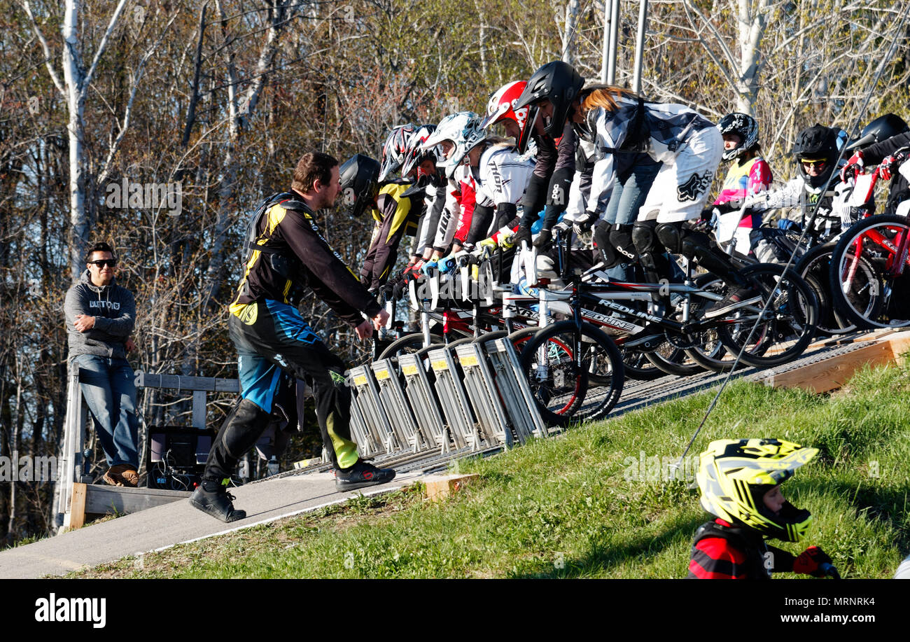 A Bmx Coach Talking To His Group Of Adult Riders On The Start Gate At The Bmx Club Qsa At St Augustin Near Quebec City Canada Stock Photo Alamy