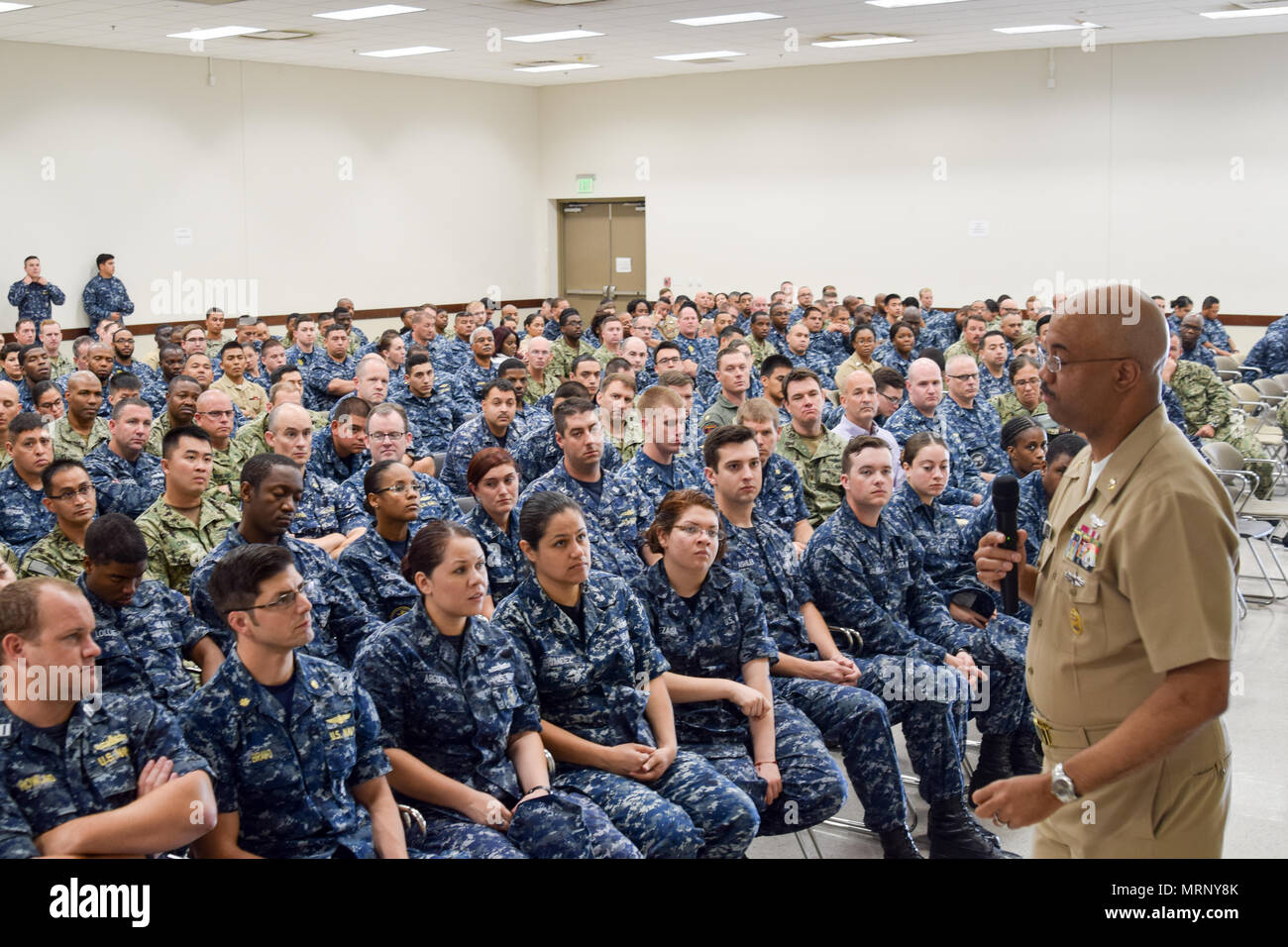 (June 25, 2017) Navy Reserve Force Master Chief C.J. Mitchell speaks with more than 200 Sailors
