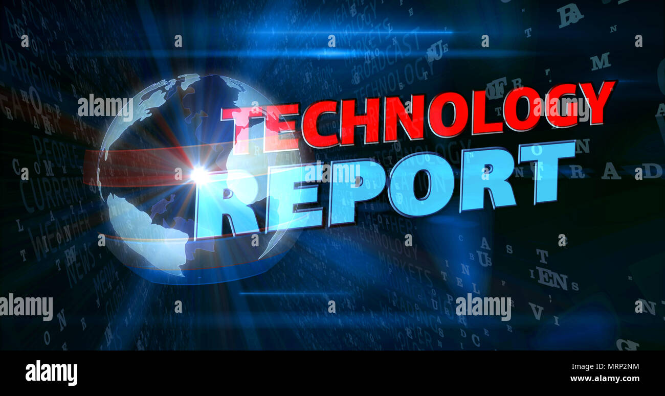 Technology report graphics. Globe and title in television broadcast style. Stock Photo