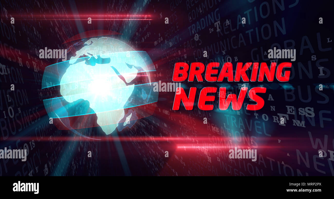 Breaking news graphics. Globe and title on dynamic information and media keywords. Stock Photo