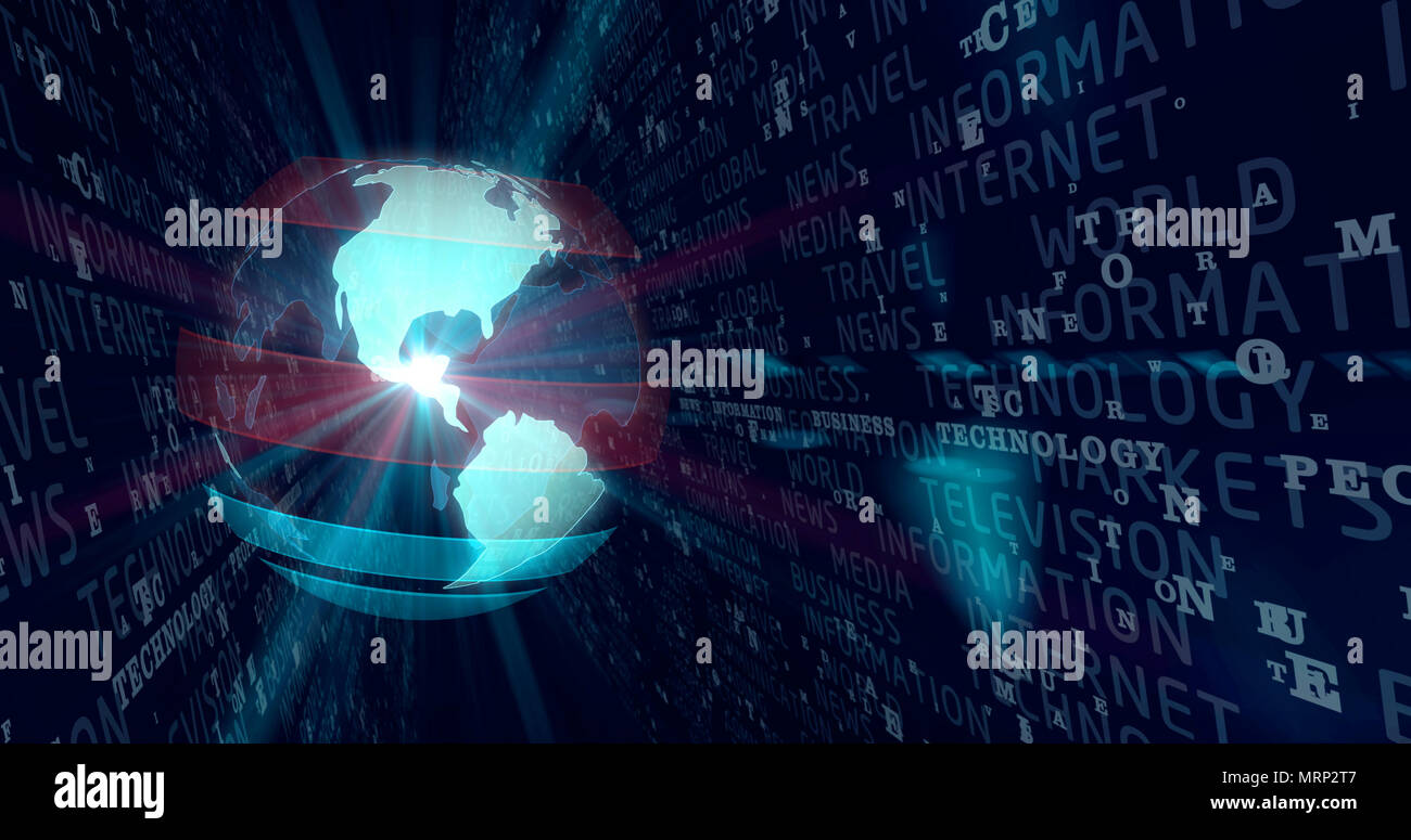 Digital technology news background. World globe towards the light. Cyber space with dynamic keywords motive. Stock Photo