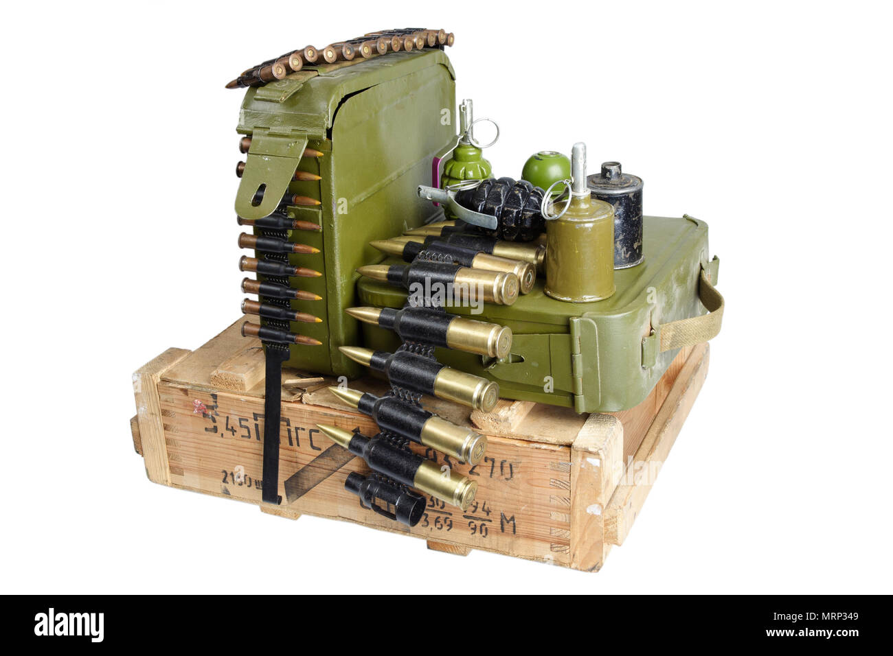 army box of ammunition with ammo belt and hand grenades isolated Stock