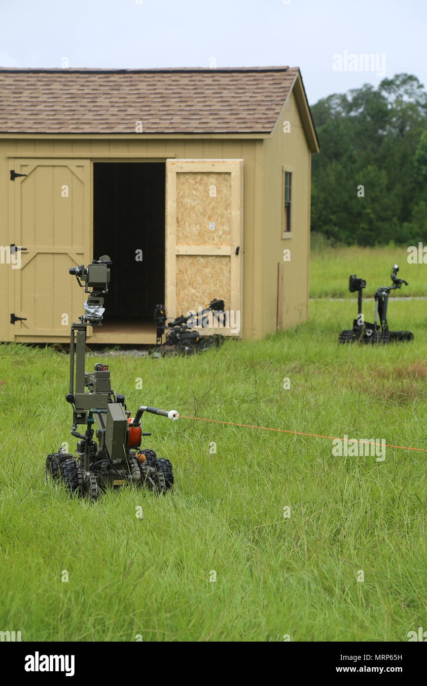 A TALON Robot, controlled by Soldiers assigned to 705th EOD Company, 63rd EOD Battalion, 52nd EOD Group, 20th CBRNE Command, and a Mini ANDROS II Robot,  controlled by personnel assigned to Rapides Parish Sheriff’s Office, La., inspect a cabin with explosives during Raven’s Challenge 2017 at Camp Shelby, Miss., June 29, 2017. Raven’s Challenge is an annual training event that provides Explosive Ordnance Disposal personnel and Public Safety Bomb Squads of both military and government agencies interoperability in a realistic domestic tactical environment. (U.S. Army photo by Sgt. Ashley Marble,  Stock Photo