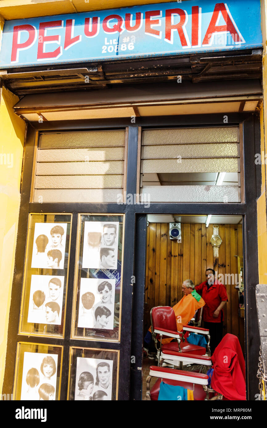 Mexico City,Hispanic,Mexican,Alvaro Obregon San Angel,Peluqueria,hair salon,barbershop,exterior outside,doorway,haircut samples M Stock Photo