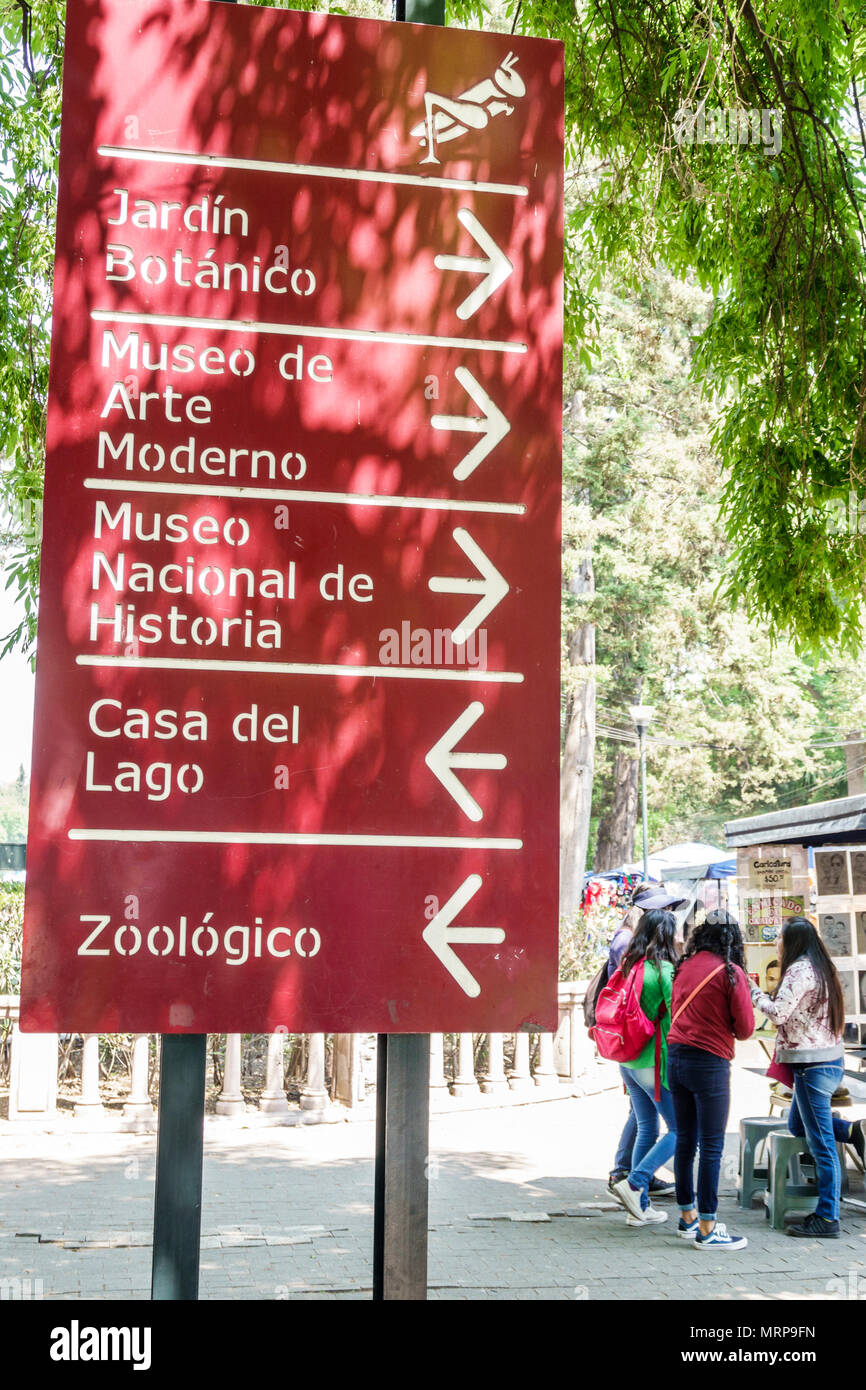 Mexico City,Polanco,Hispanic Latin Latino ethnic minority,immigrant immigrants,Mexican,Bosque de Chapultepec forest park parque,directional sign,botan Stock Photo