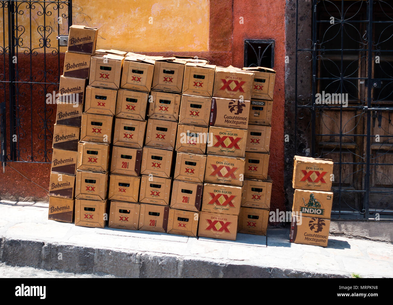 Cases of Mexican beer sitting on a slant, waiting for delivery Stock Photo