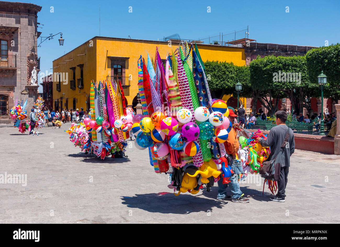Plastic toy venders at La Jadin in city center, San Miguel de Allende, Mexico Stock Photo