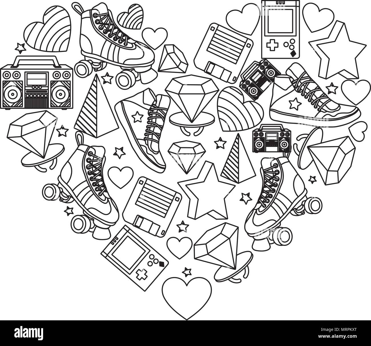 line old retro things decoration inside art heart Stock Vector