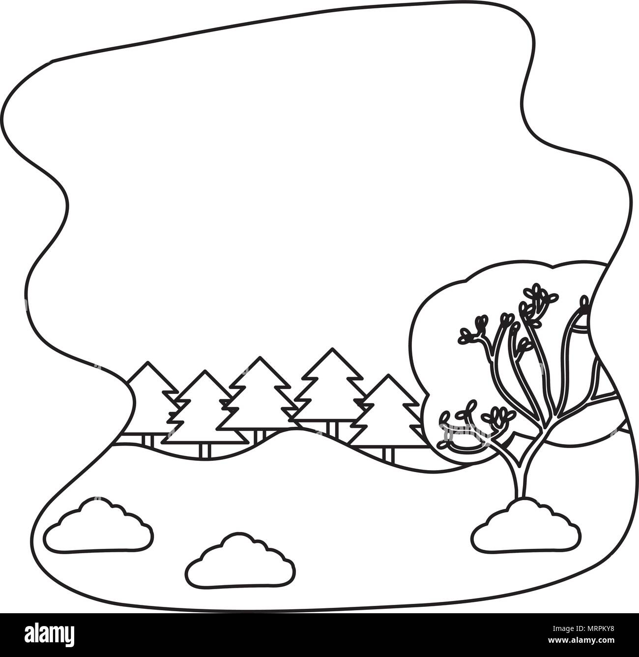 line nature landscape with pine trees and mountains Stock Vector Image ...