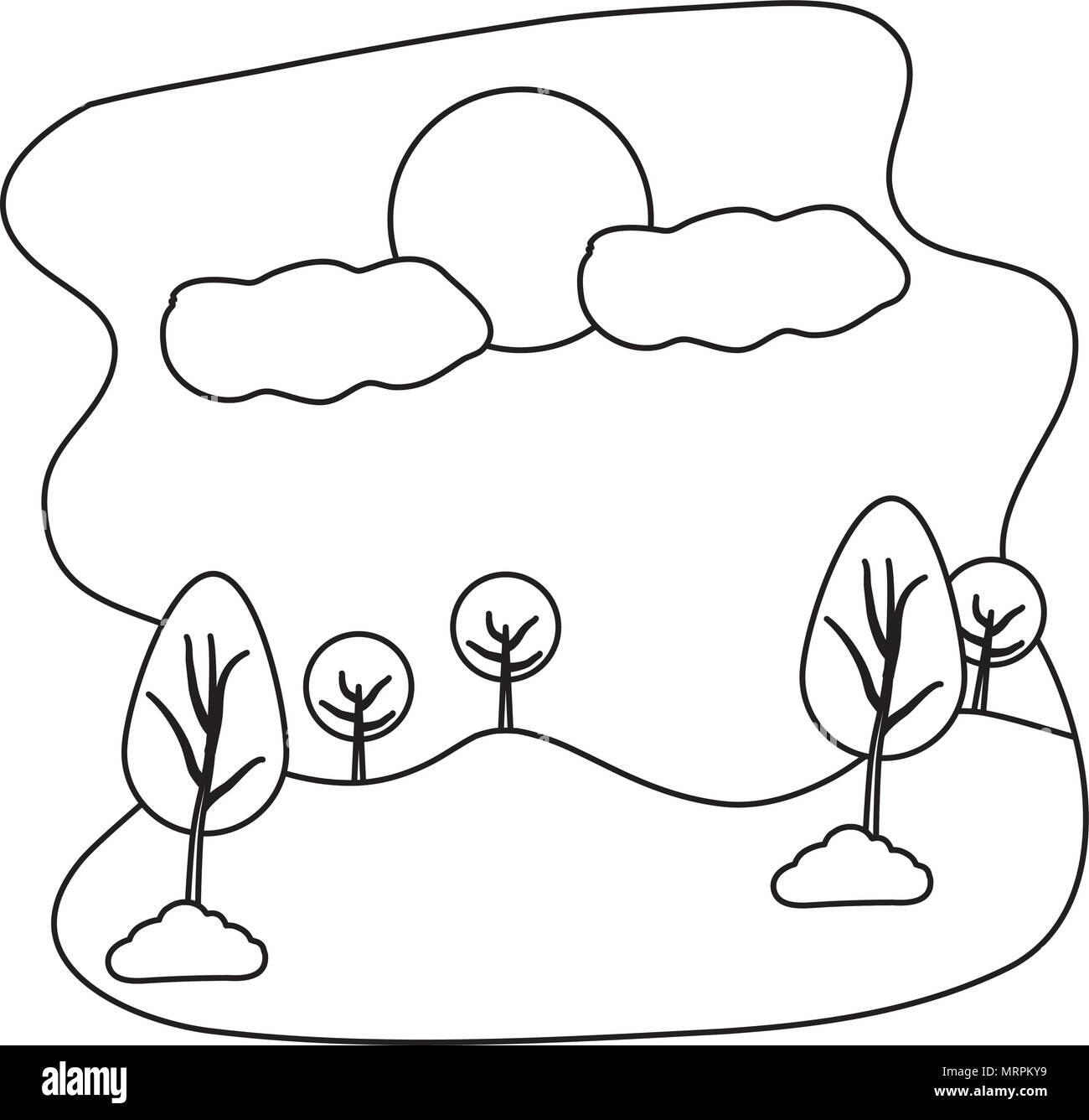 line nature landscape trees with sun and clouds Stock Vector Image ...