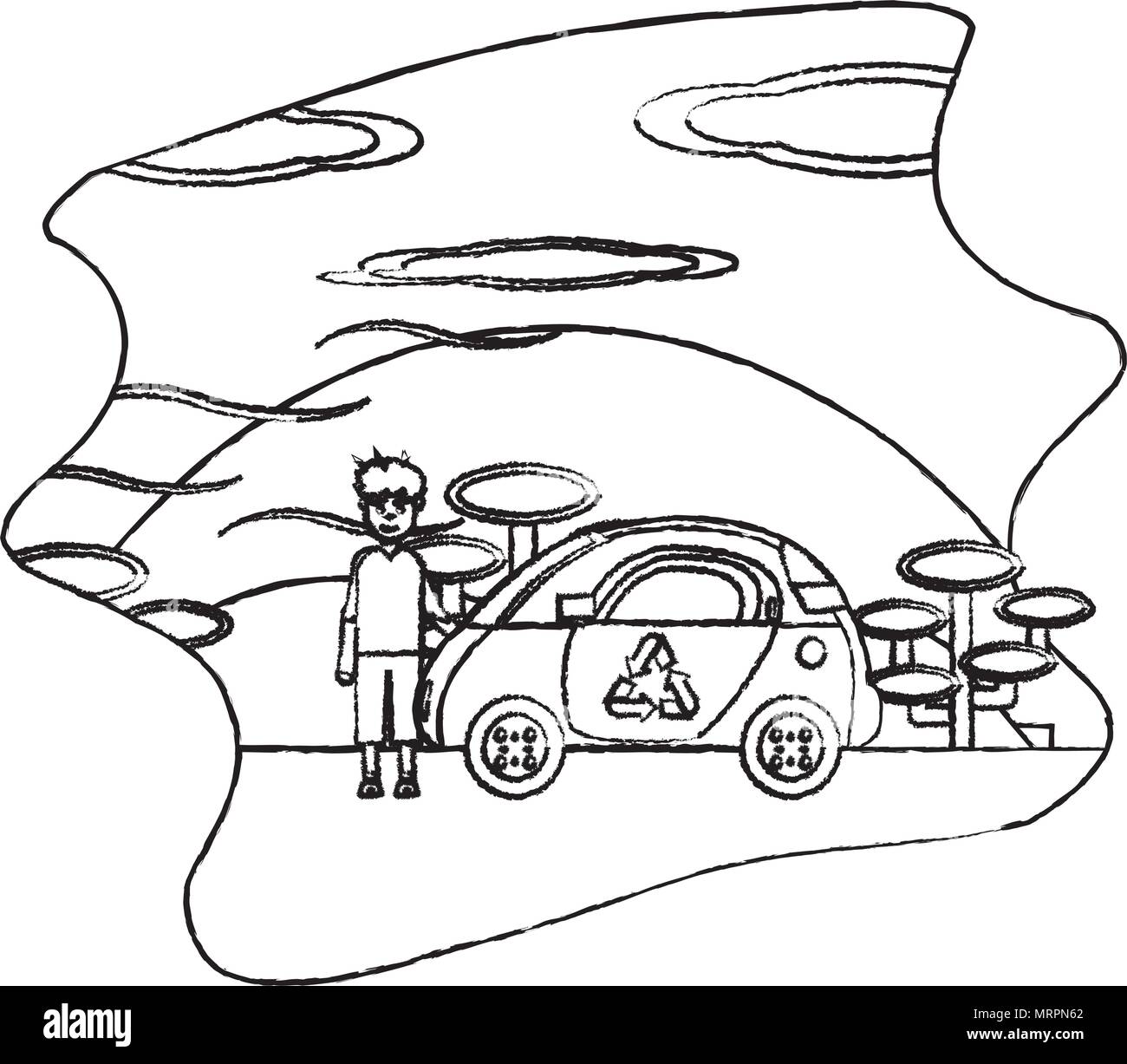 grunge man with ecology car in the nature landscape Stock Vector Image ...