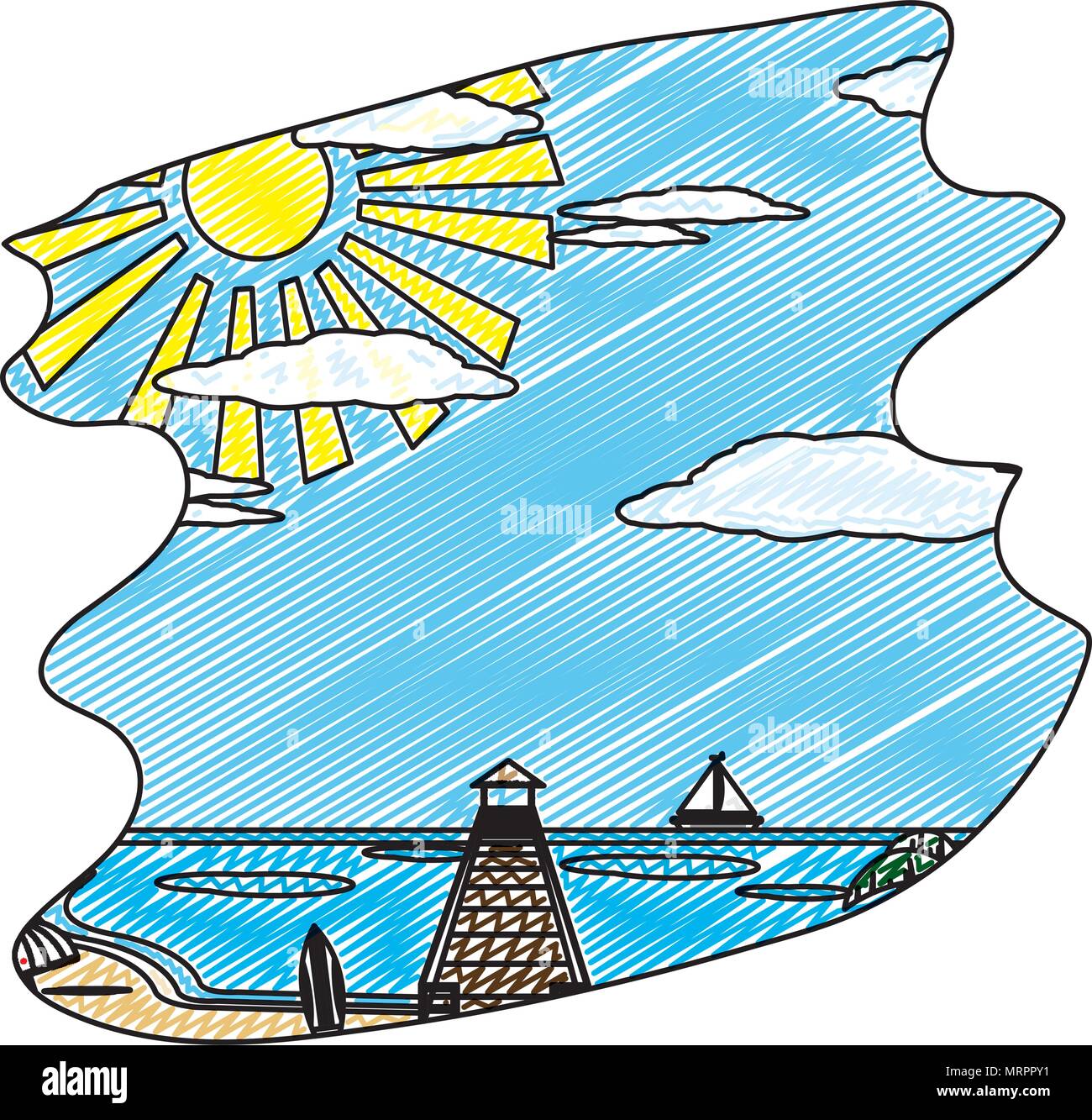 doodle beach ship with surfboard and spring weather Stock Vector Image ...
