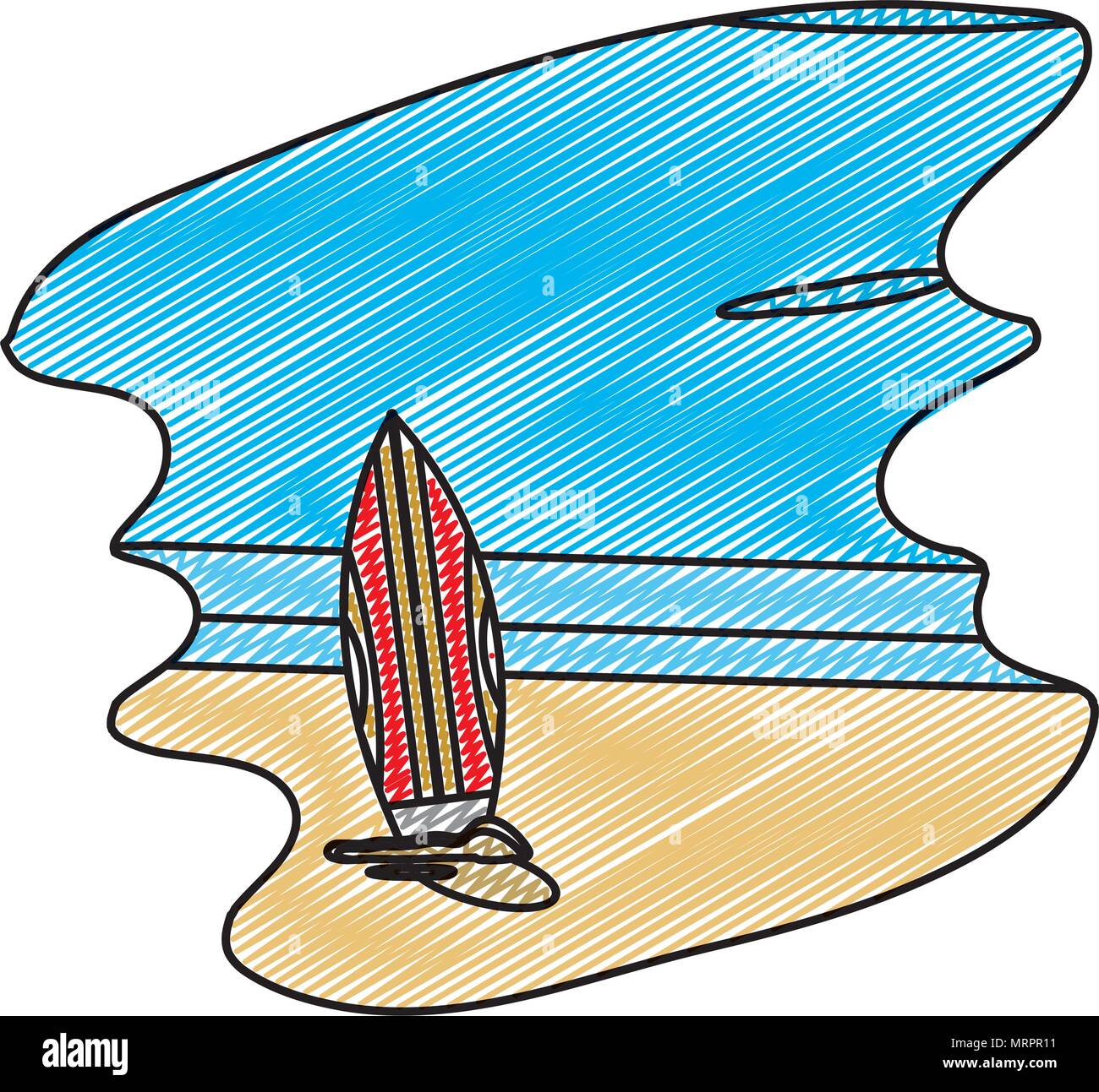 doodle beach with surfboard and spring weather landscape Stock Vector ...