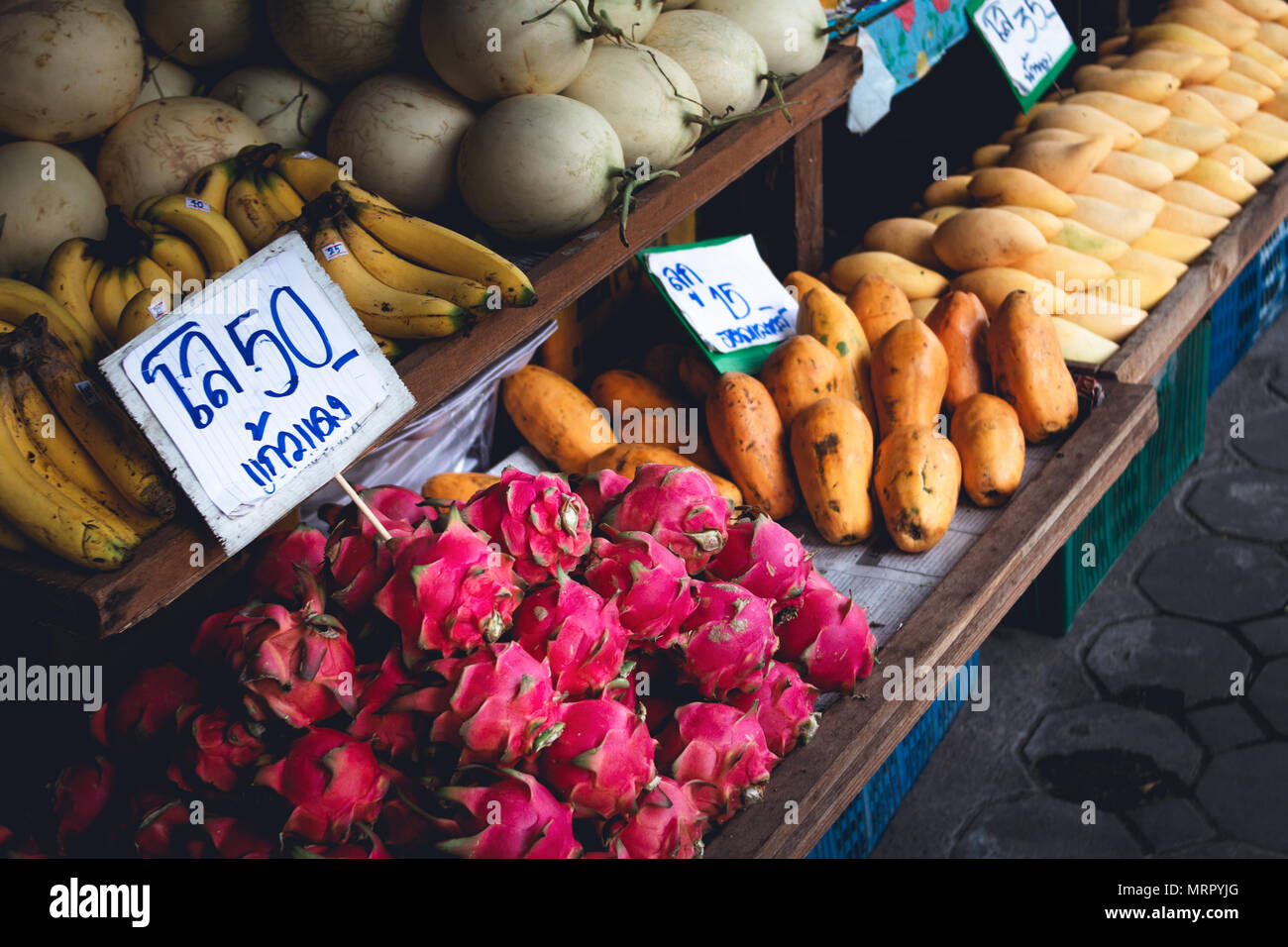 Fruit market Dragon fruit papaya mango banana Cantaloupe in chiangmai
