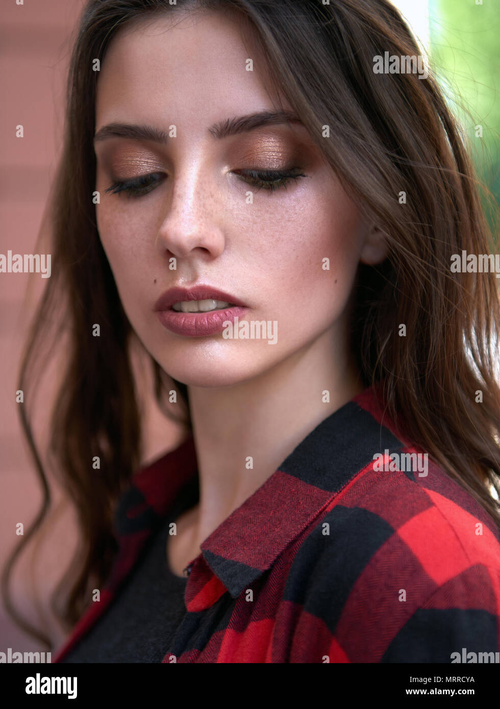 Close-up portrait of a beautiful young girl with closed eyes Stock ...