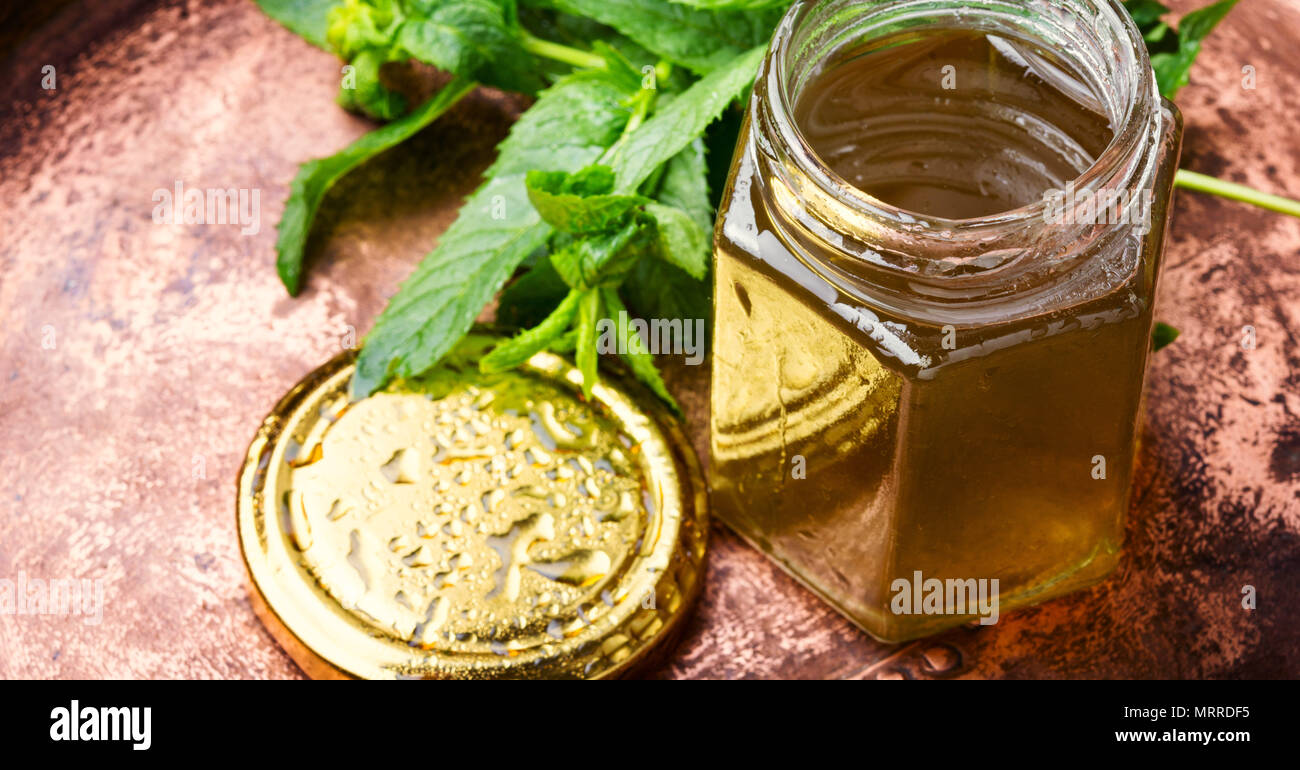 Aromatic curative jam from fresh mint leaves.Peppermint jelly.Green