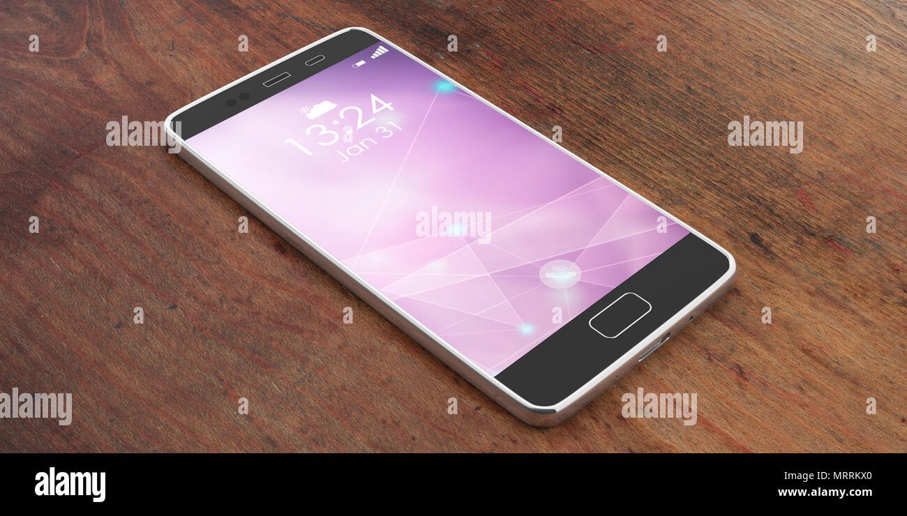 Smartphone, mobile phone with purple screen on wooden background. 3d