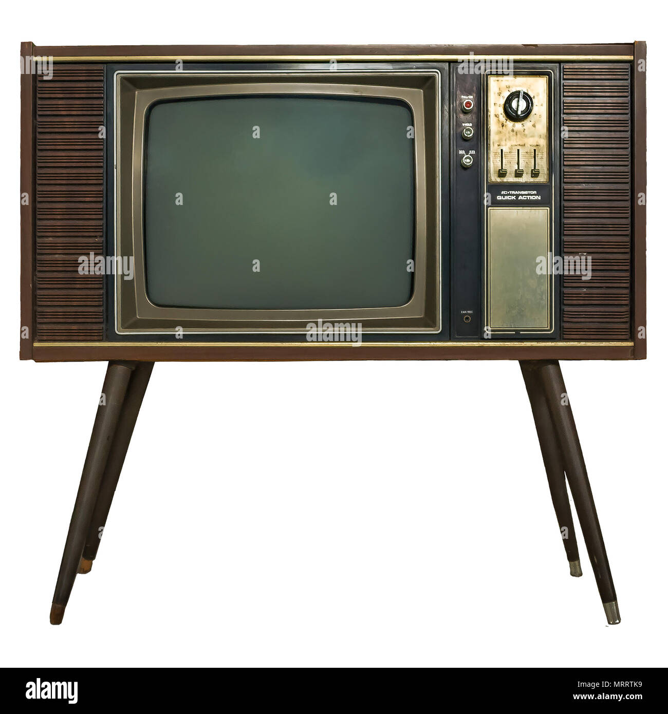 Vintage TV Old Retro TV Set In Wooden Cabinet On Isolated White 