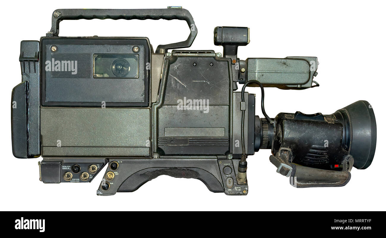 VINTAGE CAMCORDER. Old portable video camera on isolated white background with clipping path. Stock Photo
