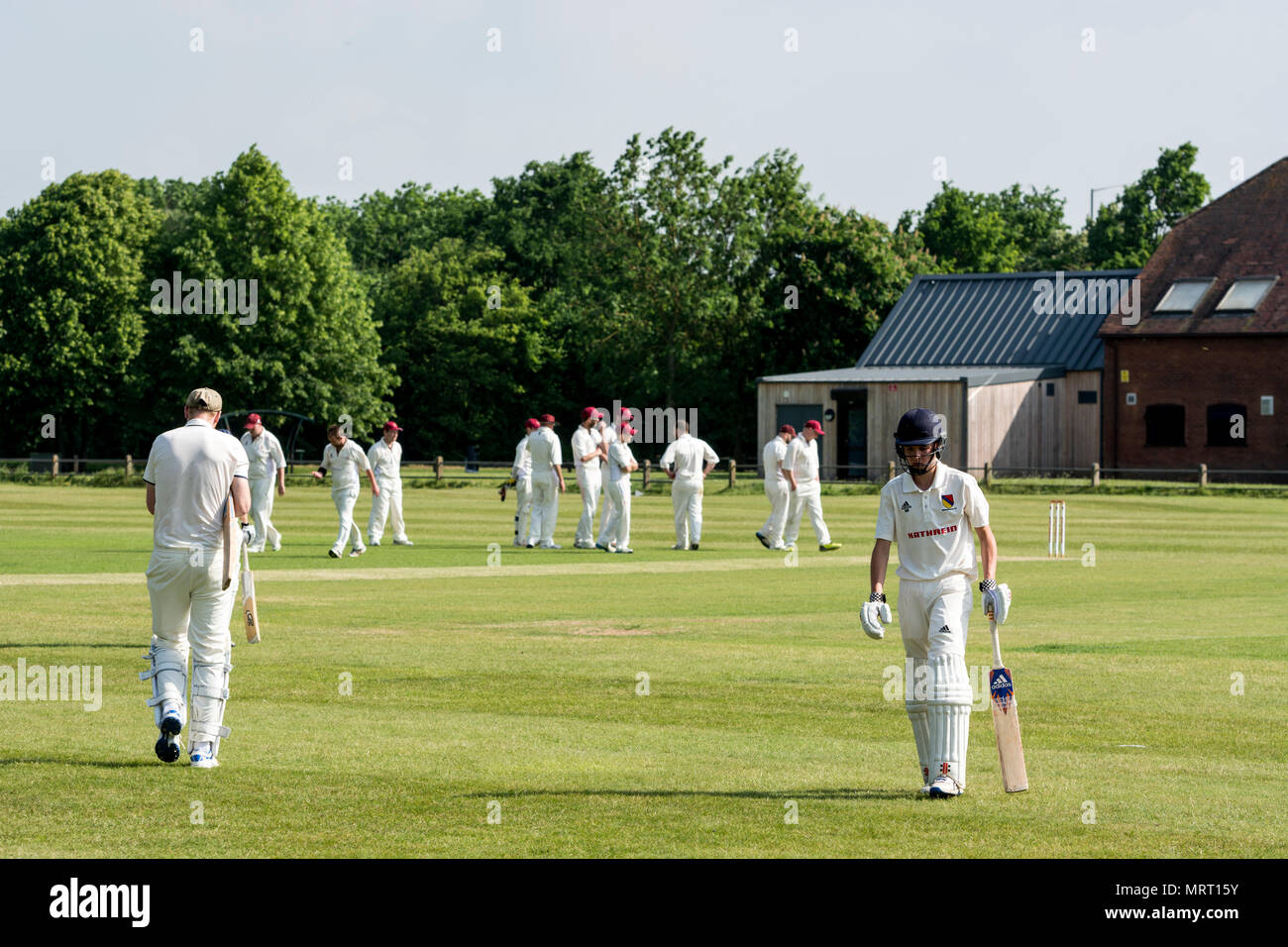 Village cricket at Wellesbourne, Warwickshire, England, UK. Batsmen