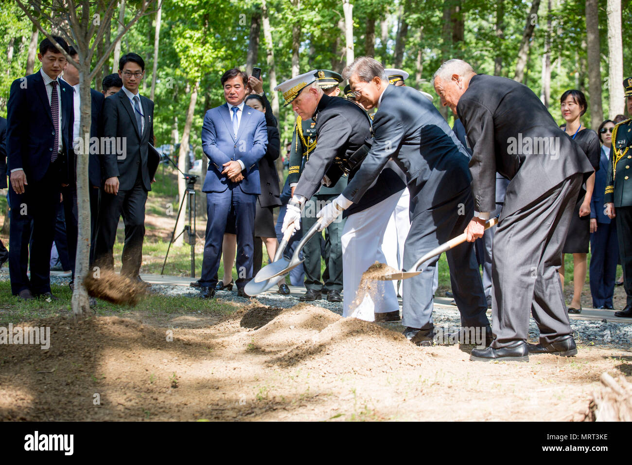Gen. Robert B. Neller, Commandant of the Marine Corps; President Moon Jae-in, president of the Republic of Korea; and Lt. Col. (Ret) Stephen Olmstead, Korean War veteran, plant a tree at the National Museum of the Marine Corps in Quantico,Virginia, on June 28, 2017. President Moon donated the tree to honor the service of Korean War veterans.  (U.S. Marine Corps Photo by Lance Cpl. Jamie Arzola) Stock Photo